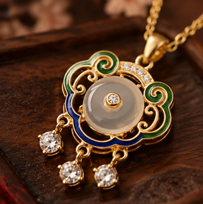 Píng’ān Suǒ Peace Lock Necklace with Chalcedony · 18k Gold-Plated 925 Sterling Silver