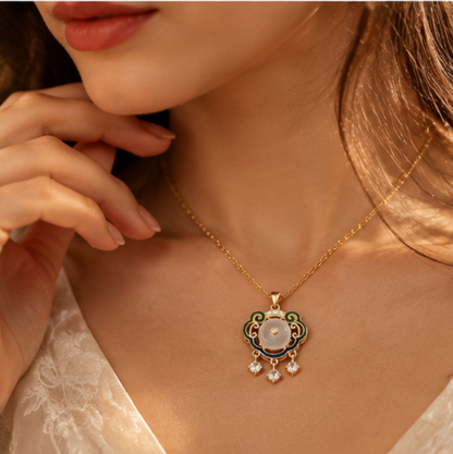 Píng’ān Suǒ Peace Lock Necklace with Chalcedony · 18k Gold-Plated 925 Sterling Silver