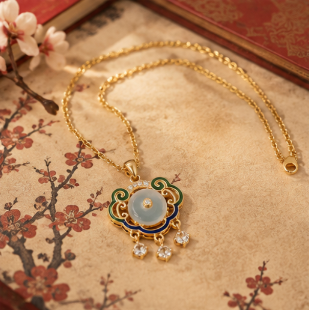 Píng’ān Suǒ Peace Lock Necklace with Chalcedony · 18k Gold-Plated 925 Sterling Silver