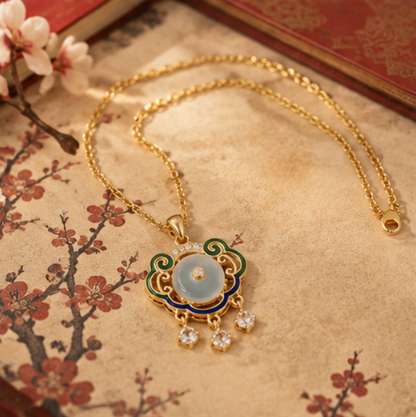 Píng’ān Suǒ Peace Lock Necklace with Chalcedony · 18k Gold-Plated 925 Sterling Silver