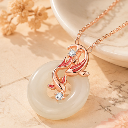 Collier Koi avec Píng’ān Kòu en jade de Hetian · Argent 925 doré à l'or rose