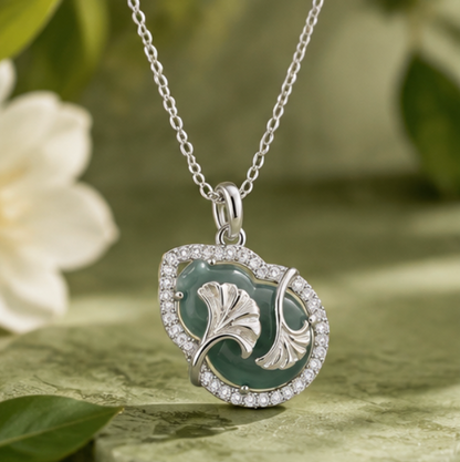 Hulu 福禄 Necklace with Natural Jadeite and Ginkgo Leaves · 925 Silver