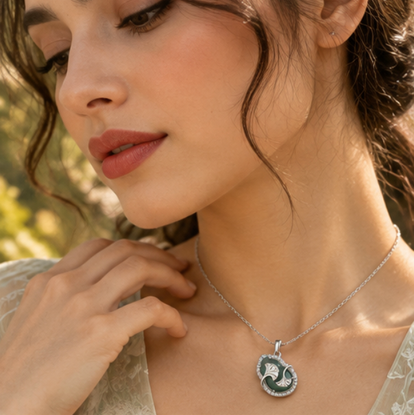 Hulu 福禄 Necklace with Natural Jadeite and Ginkgo Leaves · 925 Silver