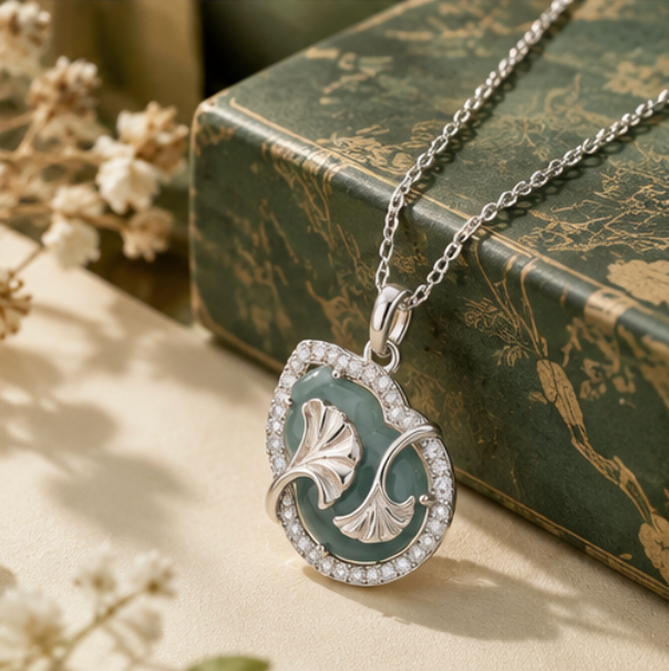 Hulu 福禄 Necklace with Natural Jadeite and Ginkgo Leaves · 925 Silver