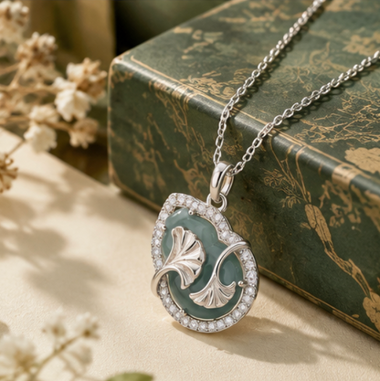 Hulu 福禄 Necklace with Natural Jadeite and Ginkgo Leaves · 925 Silver
