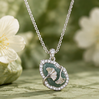 Hulu 福禄 Necklace with Natural Jadeite and Ginkgo Leaves · 925 Silver
