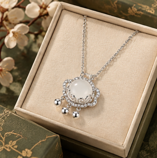 Collar Píng’ān Suǒ 平安锁 con Calcedonia Blanca · Plata 925