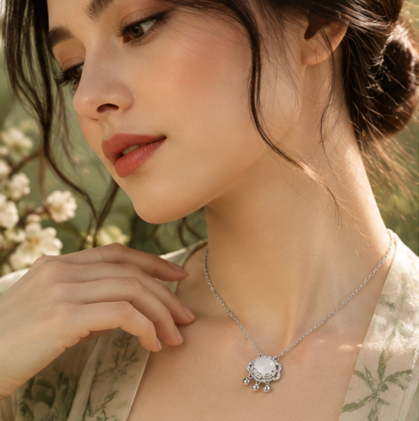 Collar Píng’ān Suǒ 平安锁 con Calcedonia Blanca · Plata 925