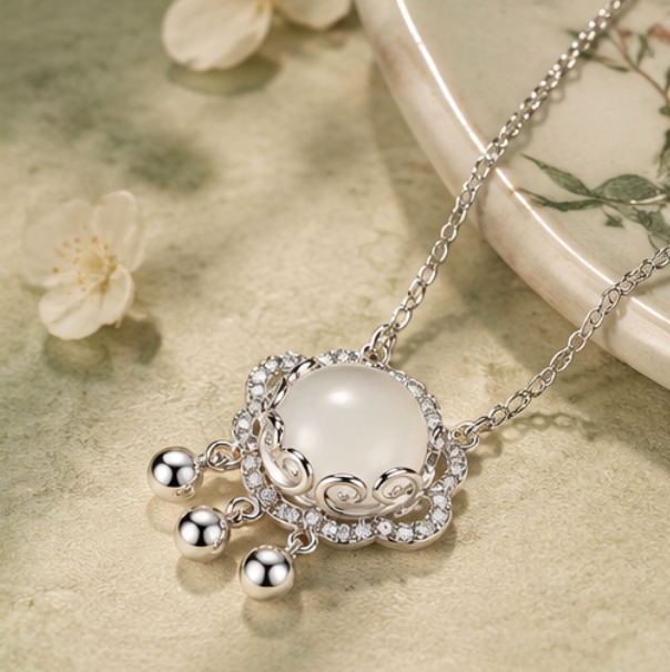 Collar Píng’ān Suǒ 平安锁 con Calcedonia Blanca · Plata 925