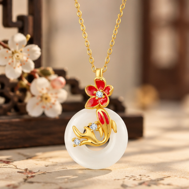 Koi Necklace with White Chalcedony Píng’ān Kòu · Gold-plated 925 Silver