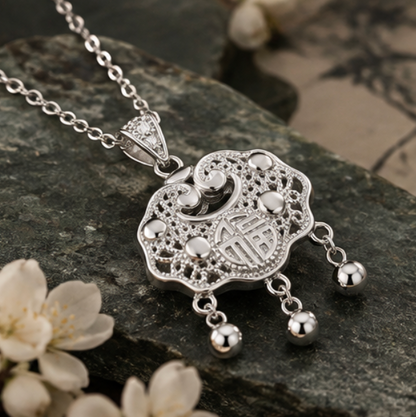 Píng’ān Suǒ (Peace Lock) Necklace with Fú Symbol · S999 Silver