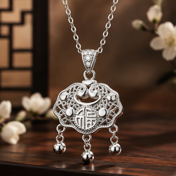 Píng’ān Suǒ (Peace Lock) Necklace with Fú Symbol · S999 Silver