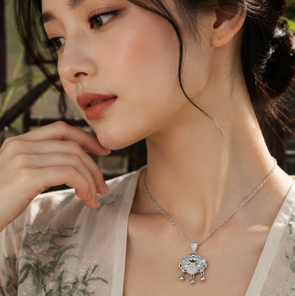 Píng’ān Suǒ (Peace Lock) Necklace with Fú Symbol · S999 Silver