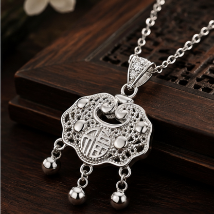Píng’ān Suǒ (Peace Lock) Necklace with Fú Symbol · S999 Silver