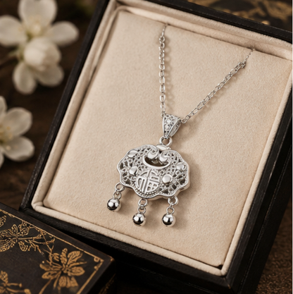 Píng’ān Suǒ (Peace Lock) Necklace with Fú Symbol · S999 Silver