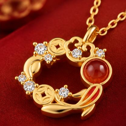 Collar Ruyi 如意 con Ágata Roja y Monedas Chinas · Plata 925