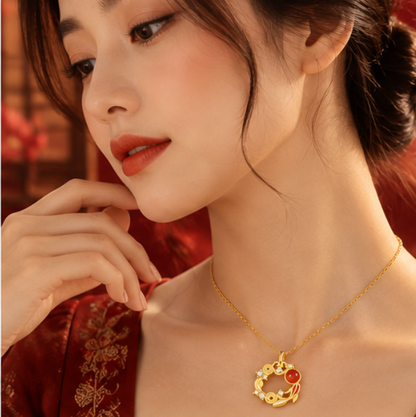 Collar Ruyi 如意 con Ágata Roja y Monedas Chinas · Plata 925
