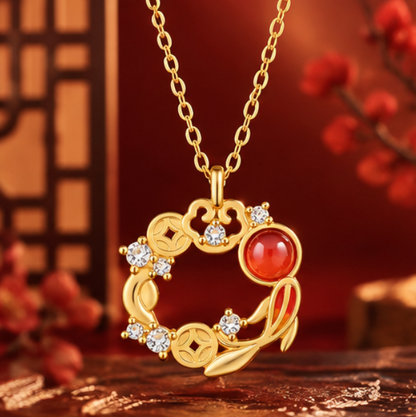 Collar Ruyi 如意 con Ágata Roja y Monedas Chinas · Plata 925