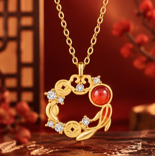 Collar Ruyi 如意 con Ágata Roja y Monedas Chinas · Plata 925