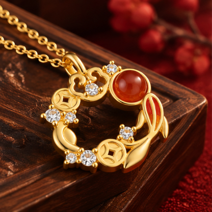 Collar Ruyi 如意 con Ágata Roja y Monedas Chinas · Plata 925