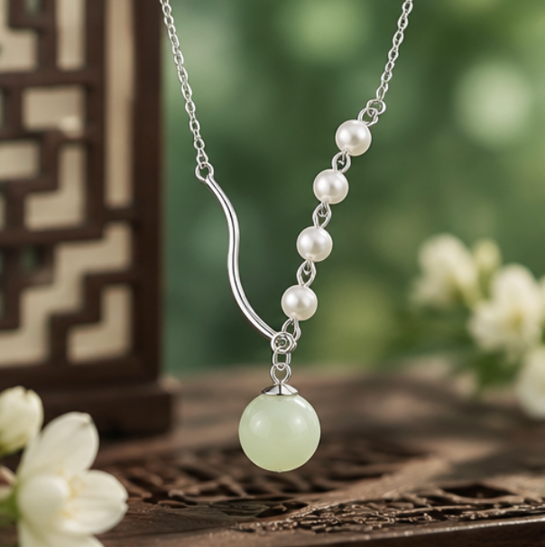 Collar “Serenidad” de Jade de Hetian y Perlas de Concha · Plata 925