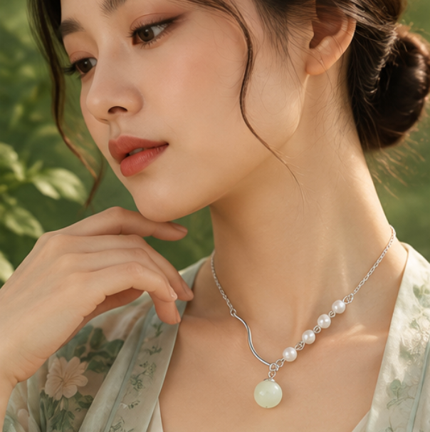 Collar “Serenidad” de Jade de Hetian y Perlas de Concha · Plata 925