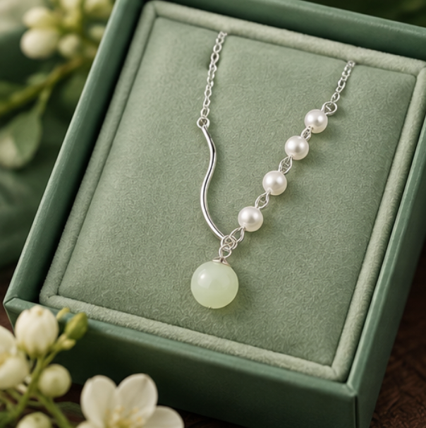 Collar “Serenidad” de Jade de Hetian y Perlas de Concha · Plata 925