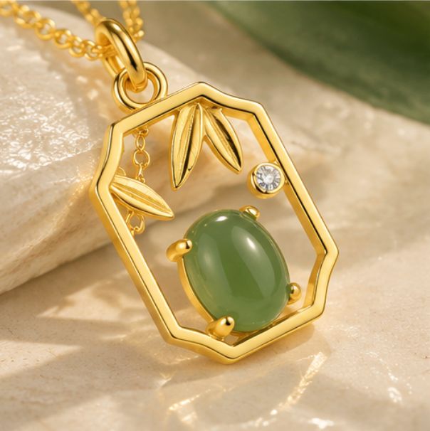 Collar de Jade de Hetian “Bambú y Ventana Oriental” · Plata 925 bañada en oro