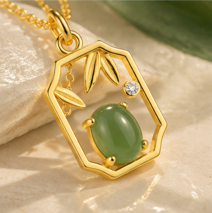 Collar de Jade de Hetian “Bambú y Ventana Oriental” · Plata 925 bañada en oro