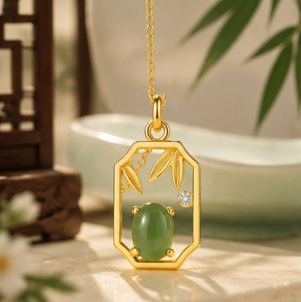 Collar de Jade de Hetian “Bambú y Ventana Oriental” · Plata 925 bañada en oro