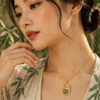 Collar de Jade de Hetian “Bambú y Ventana Oriental” · Plata 925 bañada en oro