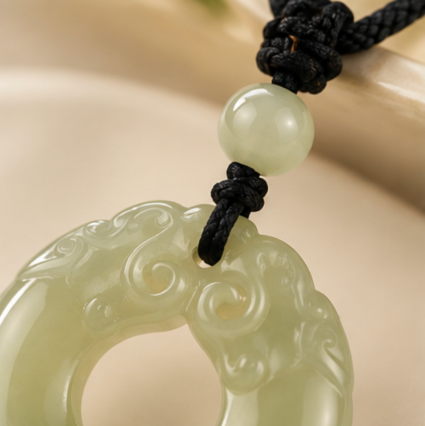 Colgante Pixiu 貔貅 con Píng’ān Kòu de Jade de Hetian