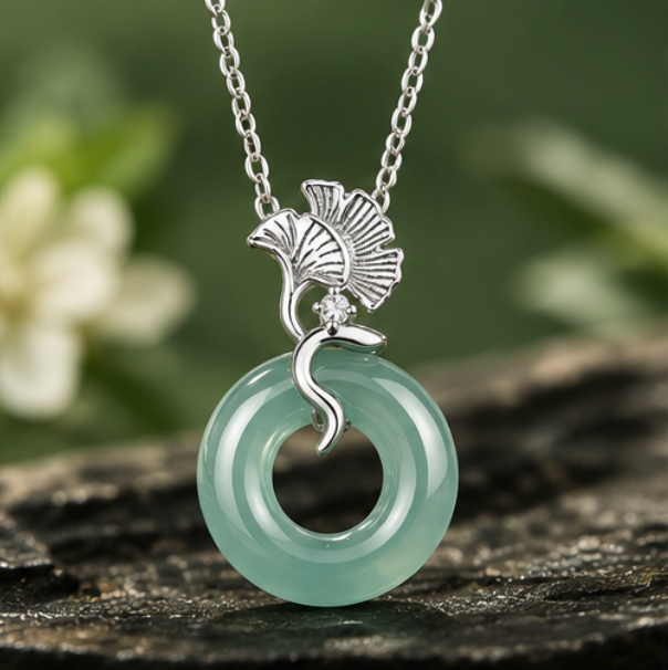 Collar Píng’ān Kòu de Jadeíta con Hojas de Ginkgo · Plata 925