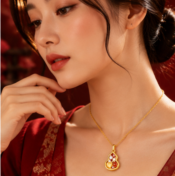 Collar Hulu 福禄 con Ágata Roja y Circonitas · Plata 925 bañada en oro