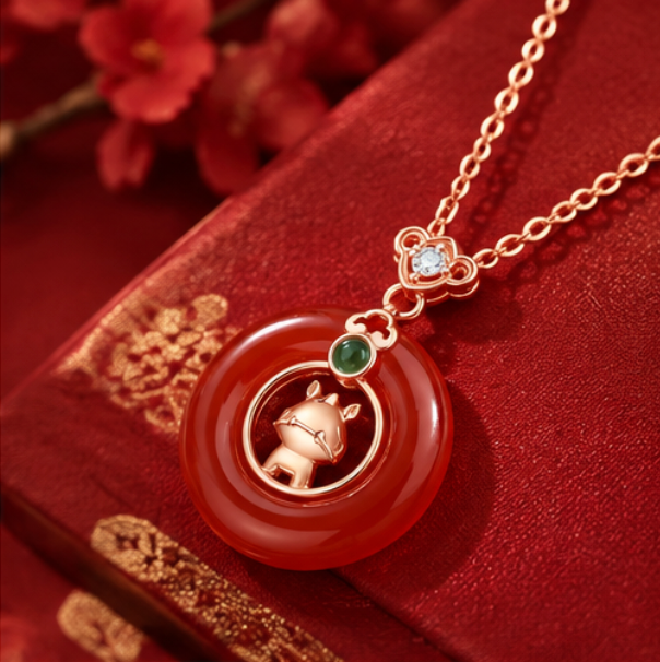Píng’ān Kòu Safety Buckle Necklace with Horse and Ruyi · 925 Silver in Rose Gold