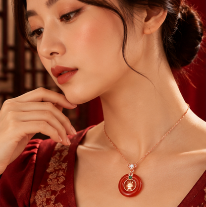 Píng’ān Kòu Safety Buckle Necklace with Horse and Ruyi · 925 Silver in Rose Gold
