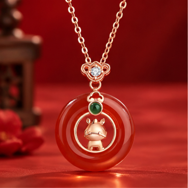 Píng’ān Kòu Safety Buckle Necklace with Horse and Ruyi · 925 Silver in Rose Gold