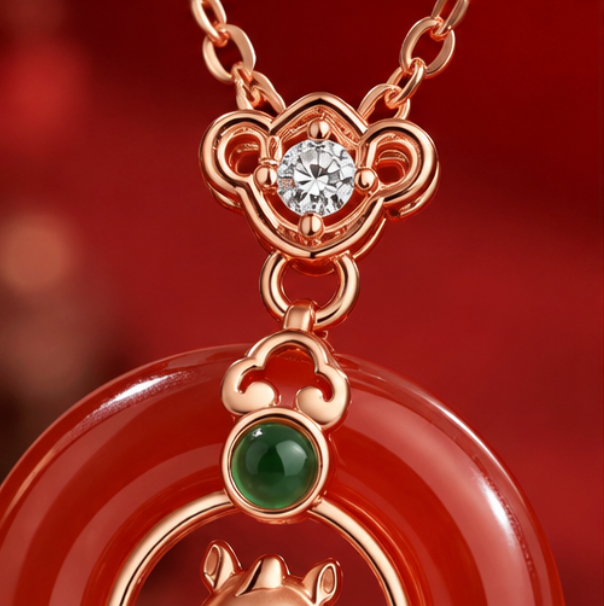 Píng’ān Kòu Safety Buckle Necklace with Horse and Ruyi · 925 Silver in Rose Gold