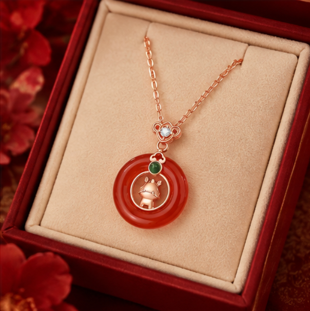 Píng’ān Kòu Safety Buckle Necklace with Horse and Ruyi · 925 Silver in Rose Gold