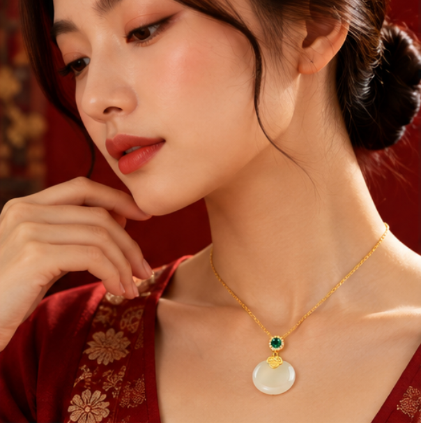 Collar de Jade de Hetian con Motivo Ruyi · Plata 925 bañada en oro
