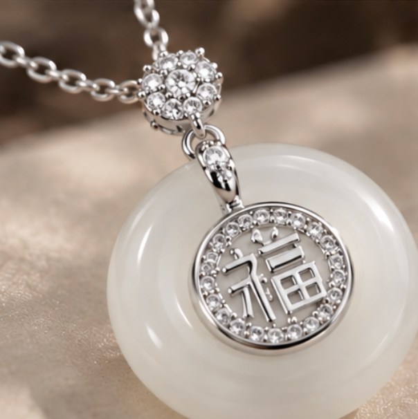 Collier Píng’ān Kòu en calcédoine blanche avec symbole 福 · Argent 925