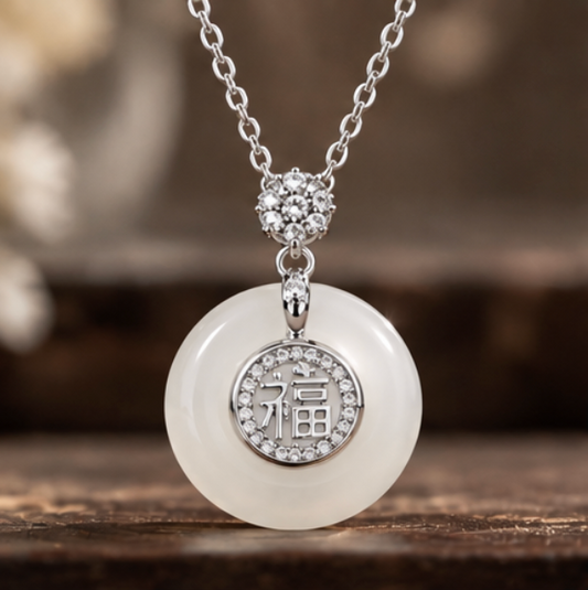 Collar Píng’ān Kòu de Calcedonia Blanca con Símbolo 福 · Plata 925
