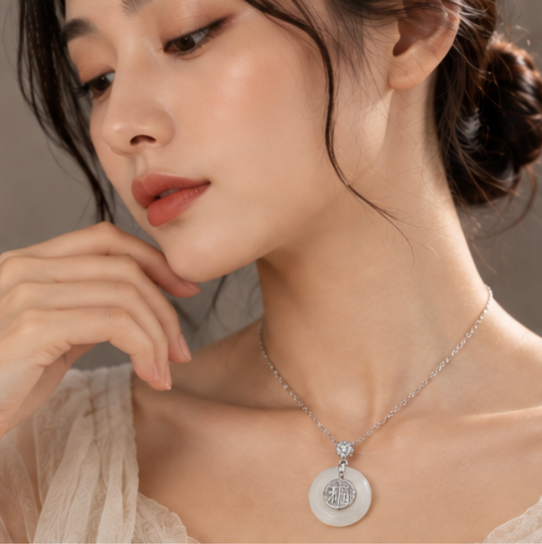 Collier Píng’ān Kòu en calcédoine blanche avec symbole 福 · Argent 925