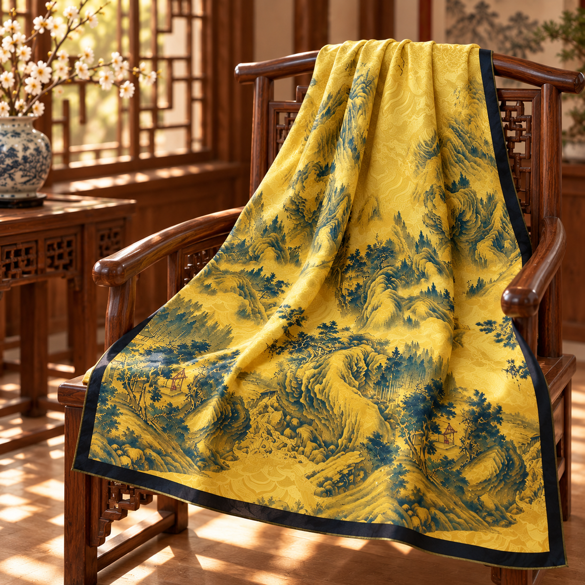 Pañuelo Reversible “Montañas Doradas” · Poliéster · 180 × 70 cm