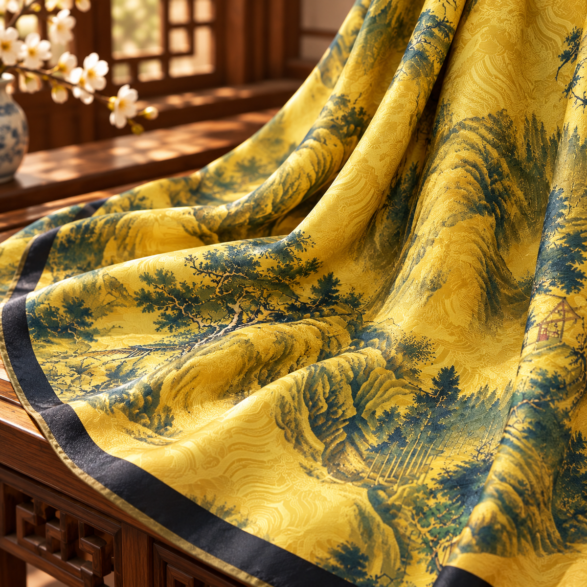 Pañuelo Reversible “Montañas Doradas” · Poliéster · 180 × 70 cm